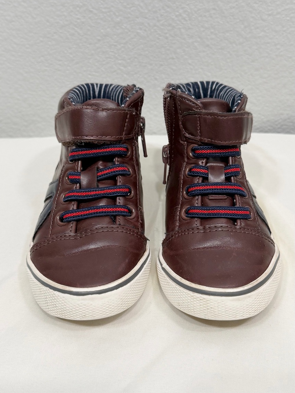 Cat & Jack Shoes Brown High-Top Kids Sneakers Side Zip Navy Blue Toddler Boy 7
